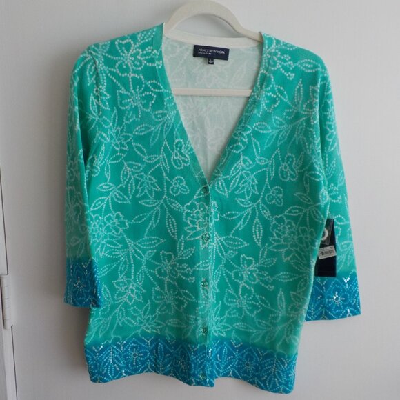 Jones New York Sweater Cardigan - Green Blue - 3/4 Sleeve - Large - NWT  (562) - Picture 1 of 5
